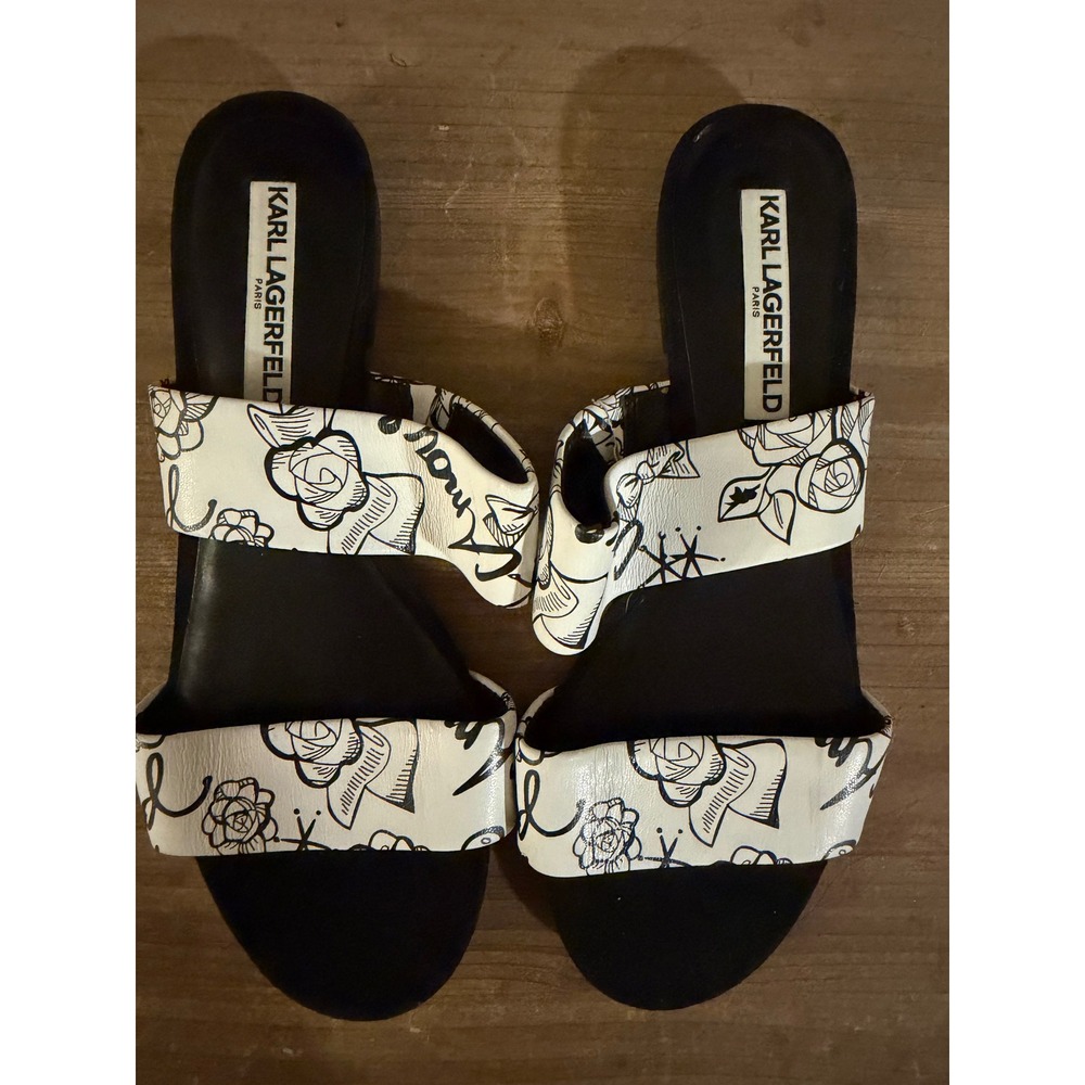 Karl Lagerfeld Paris Womens Floral Script Double Strap Slide Sandals 8.5
